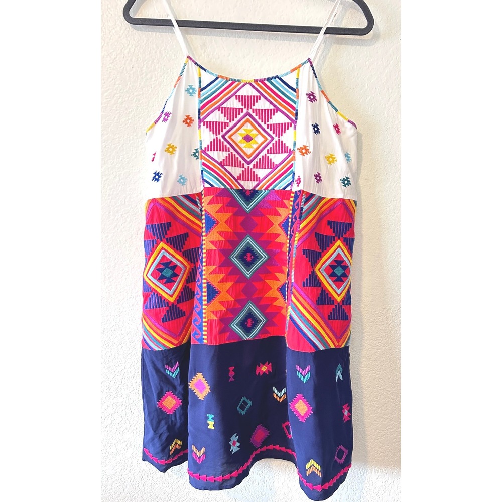 Savanna Jane Geometric Embroidered Boho SZ L Mini Dress Multi-Color